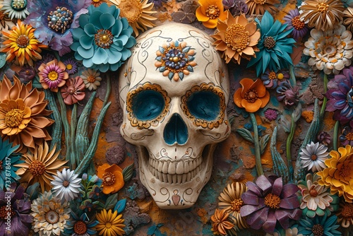 DÃ­a de los Muertos Skull Decoration with Flower Petals Generative AI