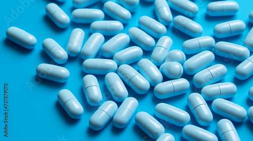 Blue capsule pills spread on white background 