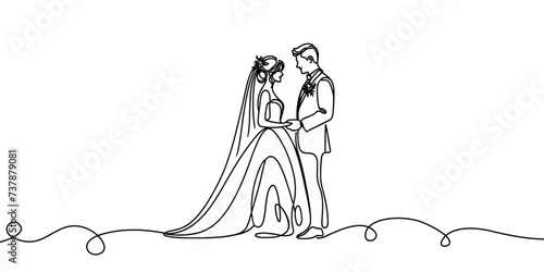 vector linear image of bride and groom, wedding on white background