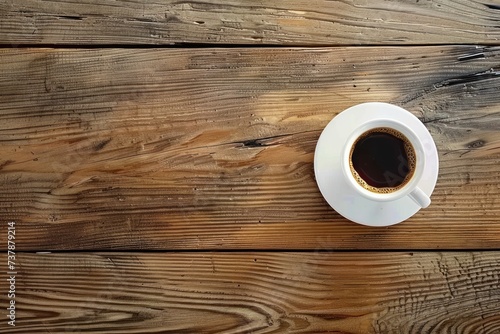 Steaming cup of coffee rich aroma emanating from white porcelain gracefully resting on rustic wooden table symbol of fresh start dark robust espresso contrasts with gentle brown hues of table