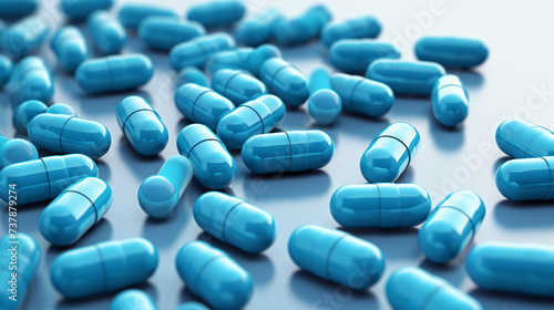 Blue capsule pills spread on white background 
