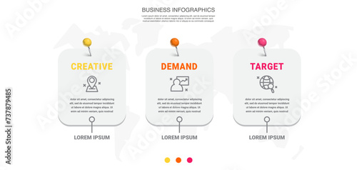 Infographic vector futuristic template with 3 steps and options square shape. Modern infographics business concept for diagrams, flow charts, websites, banners, presentations.