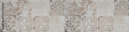 Old brown gray grey brown vintage worn geometric shabby mosaic ornate patchwork motif stoneware tiles stone concrete cement wall texture background banner panorama wallpaper, seamless pattern