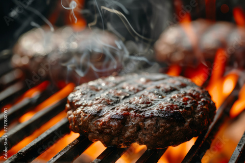 juicy burgers being cooked on a flaming barbeque