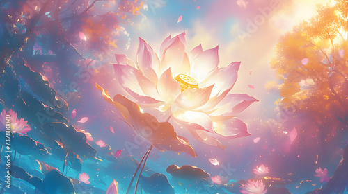 Ethereal pink lotus glows amidst a mystical, colorful forest with a whimsical, dreamlike quality