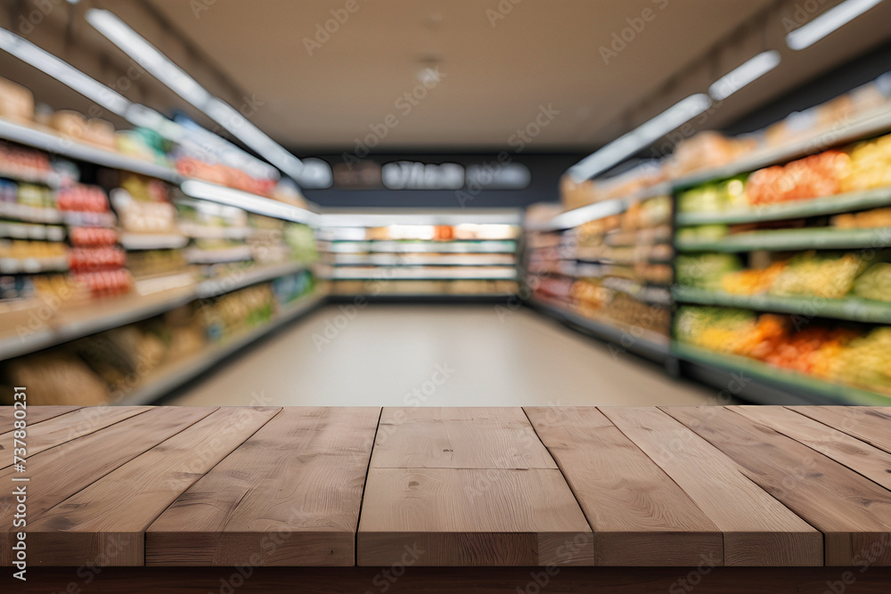 Empty and clean wooden table for product with blurry supermarket background.