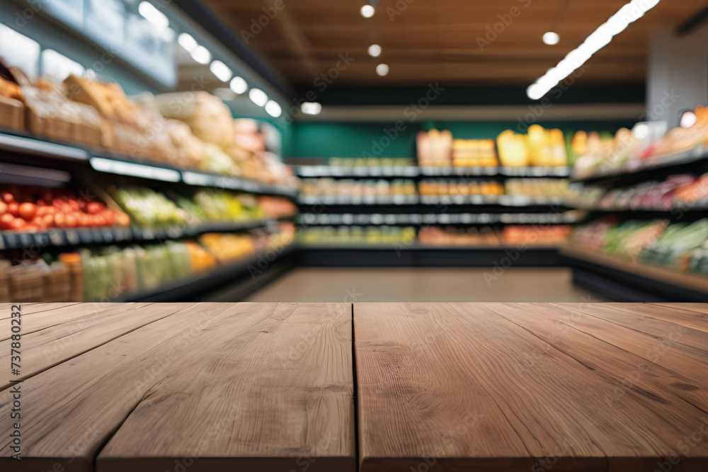 Empty and clean wooden table for product with blurry supermarket background.