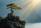 At the edge of a rocky cliff stands a solitary tree, commanding views of the sea and distant mountains