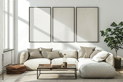 Three vertical frame mockup, ISO A2 frame mockup, mockup poster on the wall of living room. Interior mockup, modern living room with white sofa and beige pillows wall art mockup