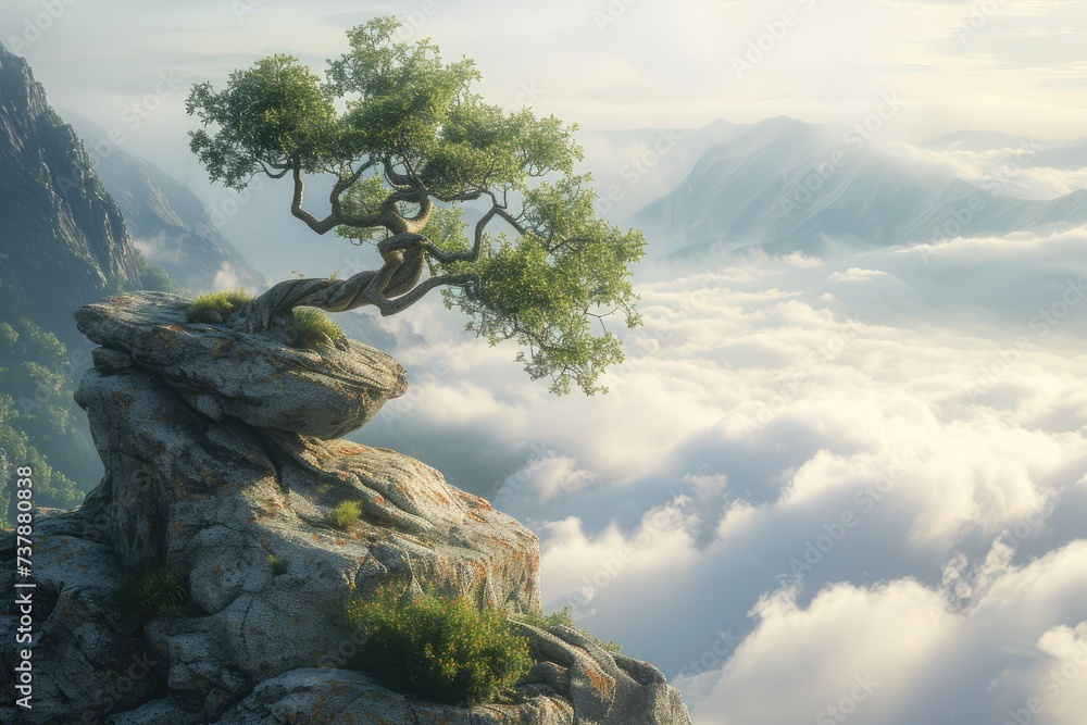 At the edge of a rocky cliff stands a solitary tree, commanding views of the sea and distant mountains - obrazy, fototapety, plakaty 