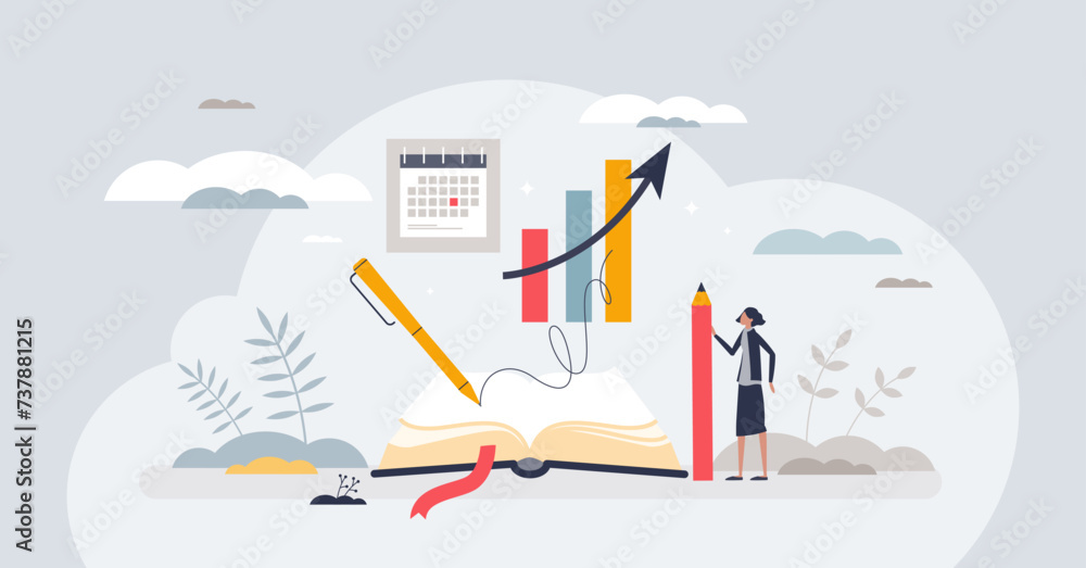 Fototapeta premium Bullet journaling method for daily tasks organization tiny person concept. Write journal with work activities and agenda for productivity and efficiency vector illustration. Time management system.