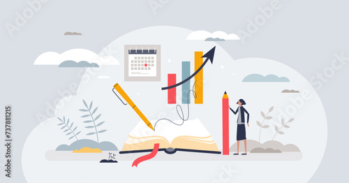 Bullet journaling method for daily tasks organization tiny person concept. Write journal with work activities and agenda for productivity and efficiency vector illustration. Time management system.