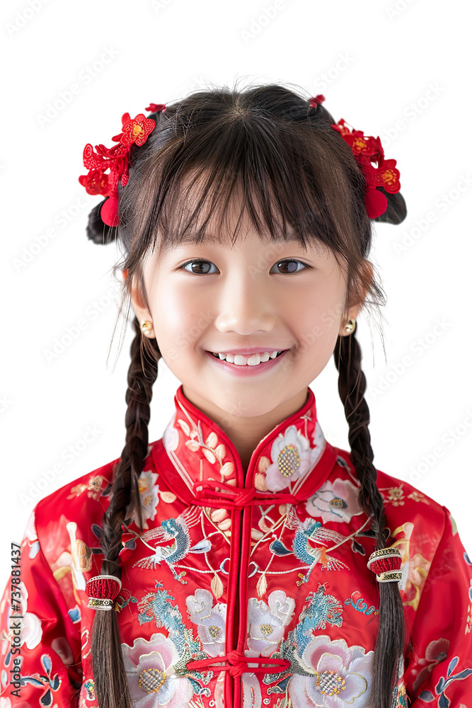 a smile china young girl, red tradition clothes, white background isolated PNG a smile china young girl, red tradition clothes, white background isolated PNG