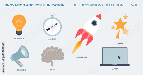 Innovation and communication elements in business vision tiny collection. Labeled business items with new creative idea development for startup process vector illustration. Innovative and smart.