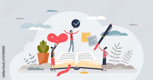 Gratitude journaling and appreciation writing in diary tiny person concept. List with daily thoughts and emotions as exercise for mindfulness and psychological positivity training vector illustration