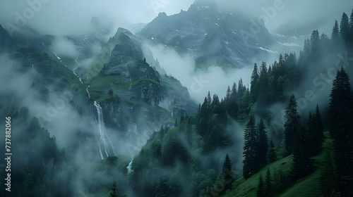 Medium shot photography  Spring Scenery at Alps  with misty valleys as the background  during a cascading waterfall season