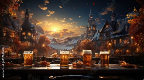 A traditional Oktoberfest scene with beer steins photo