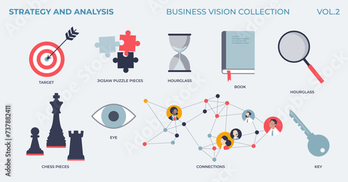 Strategy and analysis for effective and smart business vision tiny collection. Labeled elements with target, objectives, corporate connections, precise moves and high performance vector illustration.