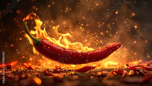 A close-up of a vibrant red chili pepper with flames dancing around its edges, evoking fiery intensity.