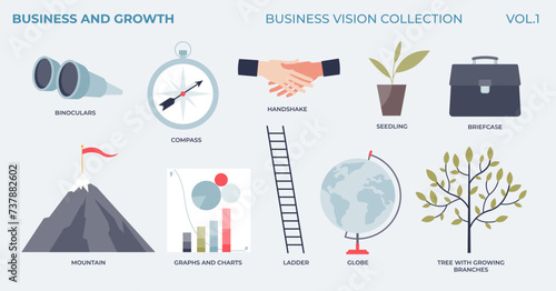 Business growth, development and vision elements in labeled tiny collection. Company deals, future financial ambitions and achievements vector illustration. Successful leadership and performance. photo