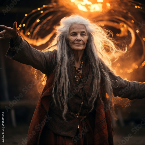 epic wide shot photo large compfire, witchy woman 60 years old gray hair dancing in background, overhead middy light. orange and red color tones photo