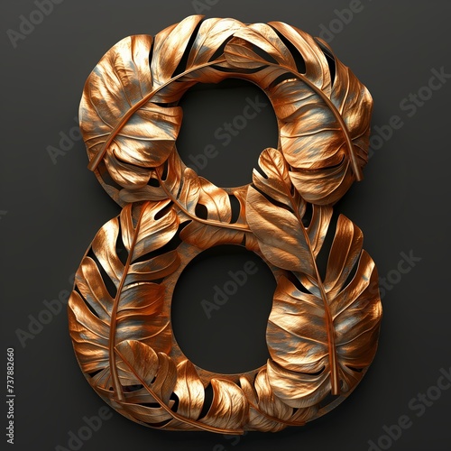 Golden number 8 from metal leaves isolated on black background, number 8. Design, art, decor, eght march, sign for card, print. Wallpaper. photo