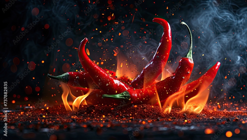 A vivid red chili pepper captured up close, its edges embraced by licking flames, radiating heat and spice - obrazy, fototapety, plakaty 