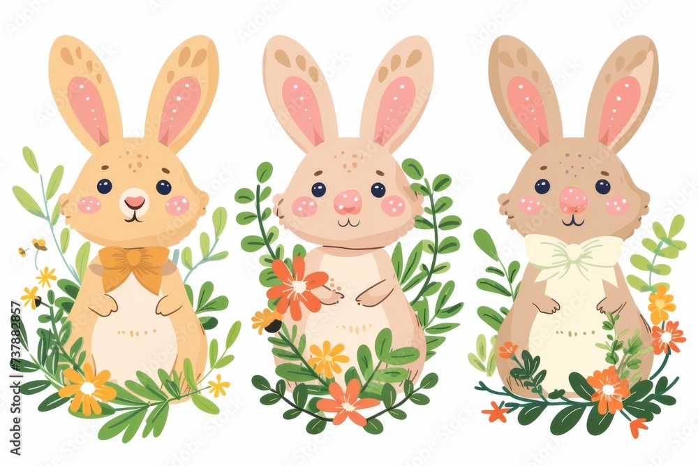 Happy Easter Eggs Basket blank canvas. Bunny in flower easter Resurrection decoration Garden. Cute hare 3d Sunlight easter rabbit spring illustration. Holy week christianity card wallpaper Clear zone