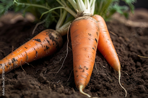 Closeup of ripe carrots in soil. Perfect for organic farming concepts. Ample space for text. 