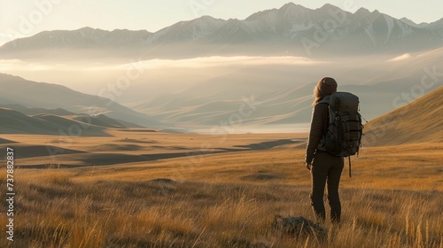 Admiring tranquil mountain vistas alone, bathed in early morning's glow