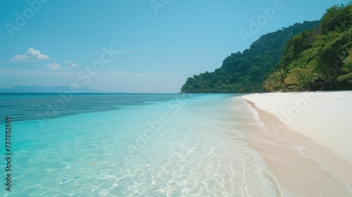 Tropical beach at noon, crystal clear waters and fine white sand, paradise vibes