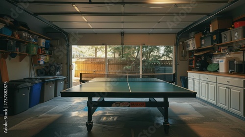 Ping pong equipment arranged in residential garage for family entertainment and relaxation