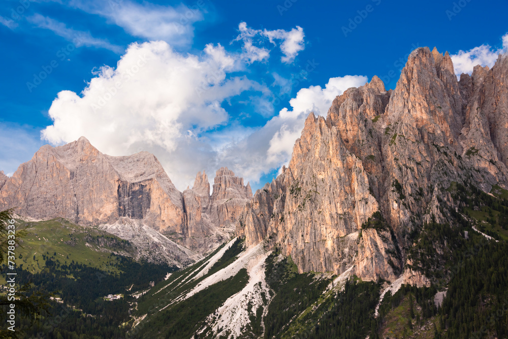 Dolomite alps in Italy, high mountain with green forest