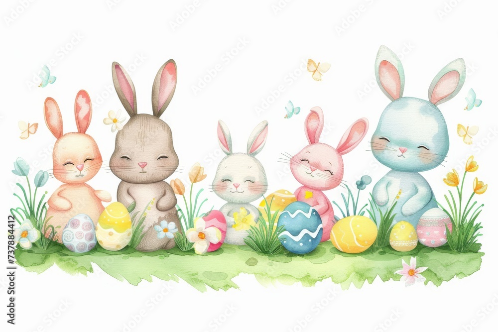 Happy Easter Eggs Basket plush toddler toy. Bunny in flower easter parade decoration Garden. Cute hare 3d eggcellent easter rabbit spring illustration. Holy week cerulean blue card wallpaper planters Happy Easter Eggs Basket plush toddler toy. Bunny in flower easter parade decoration Garden. Cute hare 3d eggcellent easter rabbit spring illustration. Holy week cerulean blue card wallpaper planters