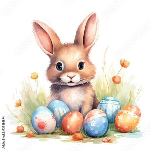 Cute baby bunny and Easter eggs © Nobel