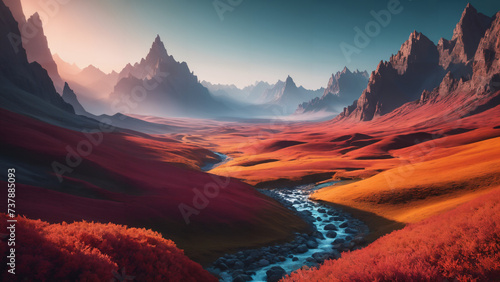 mountains and a stream in a valley with red grass and rocks
