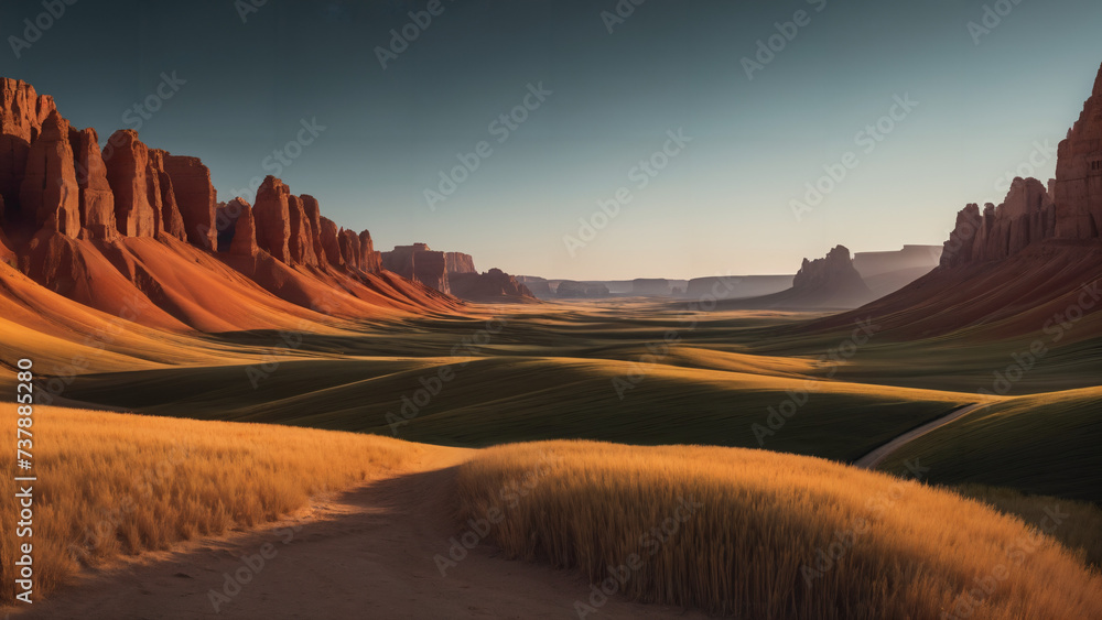 grassy hills and a dirt road in a desert landscape, 