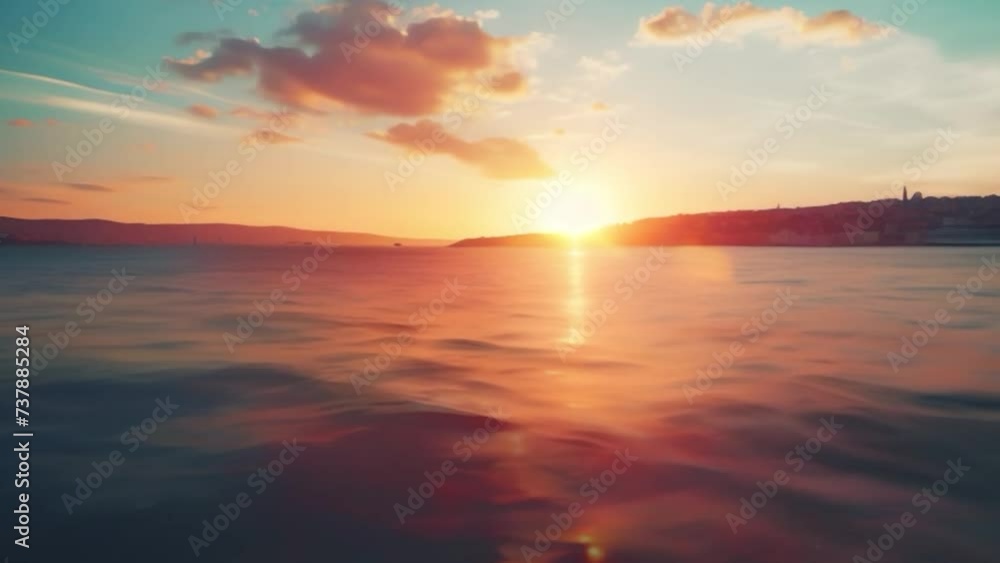Smooth sea waves at sunset, view of the city Smooth sea waves at sunset, view of the city