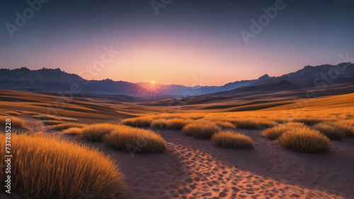 grassy field with sand and grass in the foreground and mountains in the distance,sunset in the desert © Ozgurluk Design