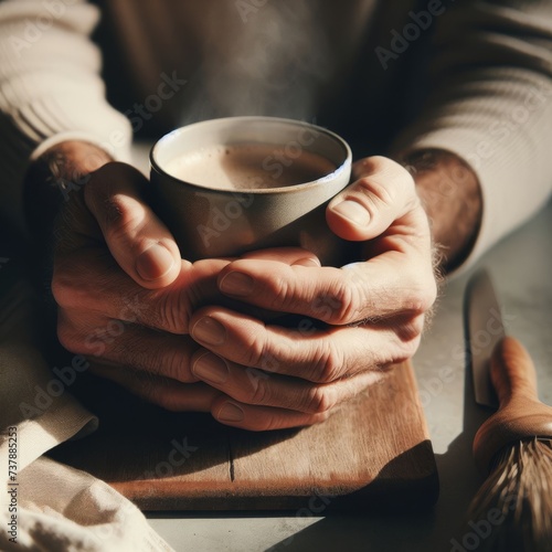 Hands wrapped around a warm mug of coffee 