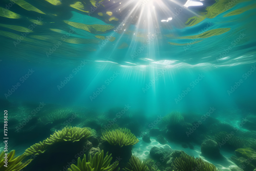 Underwater View of Coral Reef With Sunlight Shining Through
