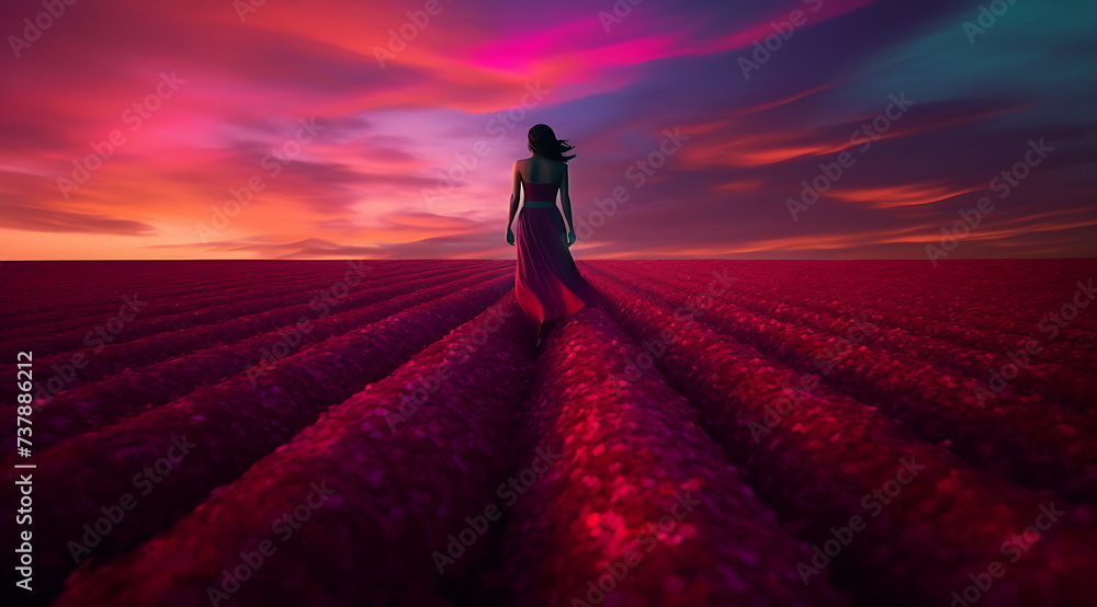 Purple field under somber sky. Generative AI