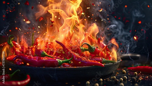 A close-up capture of a fiery red chili pepper with flames dancing along its edges. photo