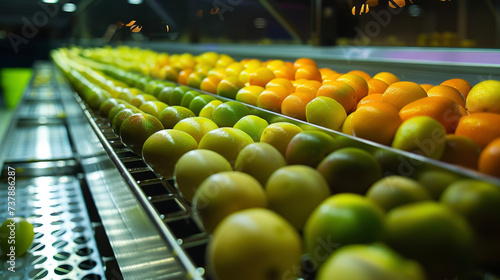 A closeup of a hightech fruit sorting machine captures its quick and meticulous sorting process. Using cameras and specialized software the machine sorts the fruit based on