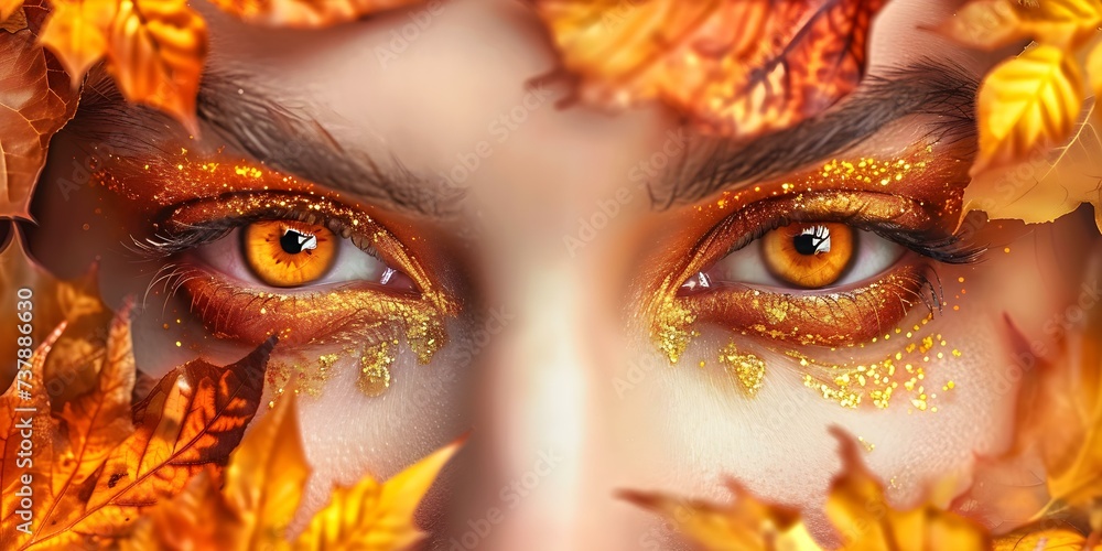 Enchanting Woman with Amber Eyes: A Captivating Autumnal Allure. Concept Nature-inspired Fashion, Dreamy Sunsets, Serene Landscapes, Outdoor Adventures, Vibrant Fall Foliage