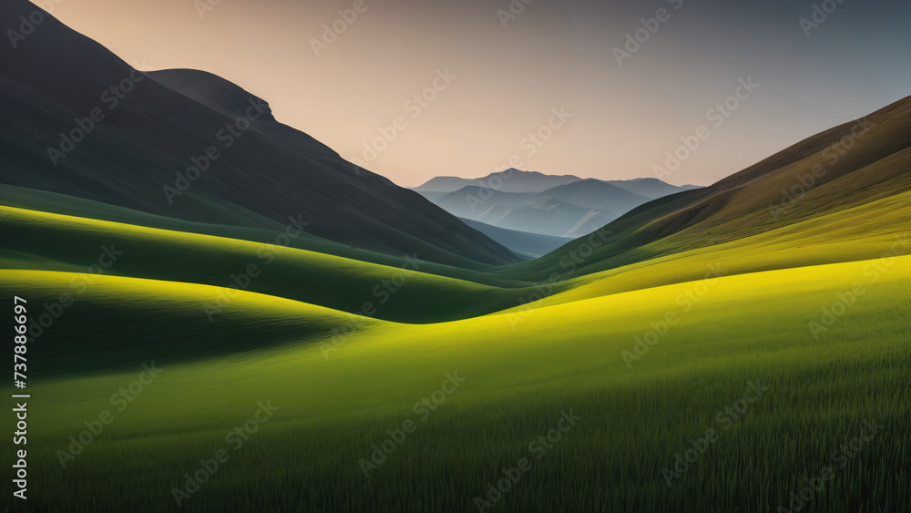 mountains are in the distance with a green field in the foreground, 