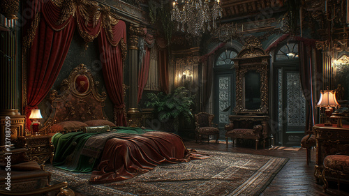 Victorian-style bedroom with ornate furniture and rich, luxurious fabrics. 