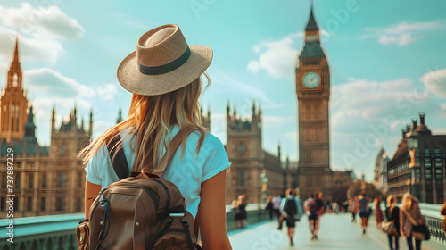 Beautiful tourist young woman walking in London city street on summer, England UK United Kingdom, tourism travel holiday vacations concept in Europe photo