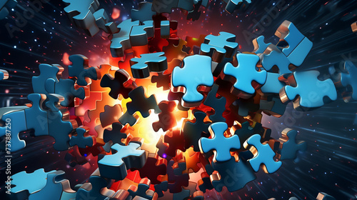 Exploding jigsaw puzzle pieces