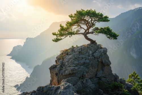 A tree standing proudly on a cliff's edge, overlooking expansive views of the sea and distant mountains.